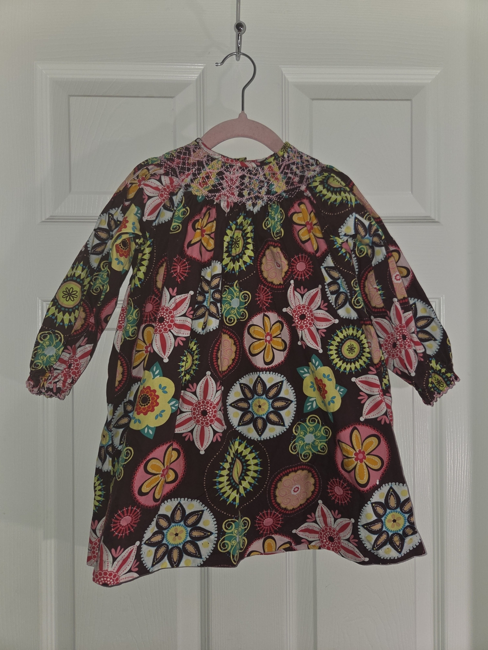 Marmellata Brown Floral Smocked Dress with Pink, Yellow, Green and Blue Accents